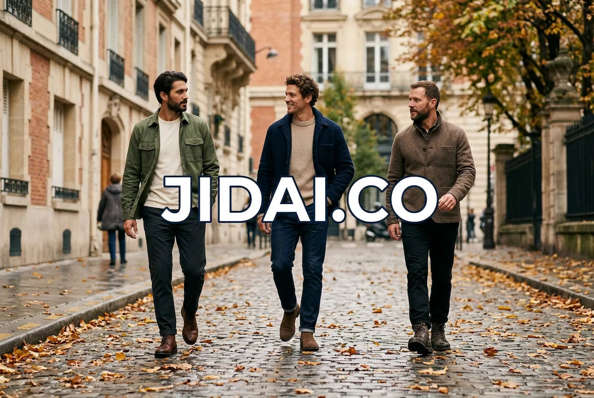 Three men in olive, navy and brown autumn layers walking along a leaf-strewn cobblestone street, with centred white and blue JIDAI.CO lettering