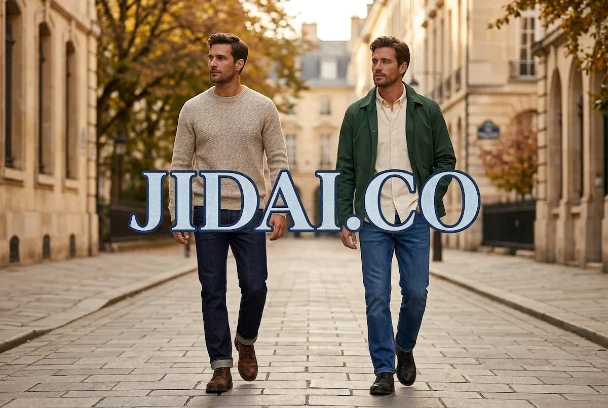Two men wearing blue jeans with cream knitwear and a green jacket on an autumn city street, with denim-blue JIDAI.CO lettering centred across the image