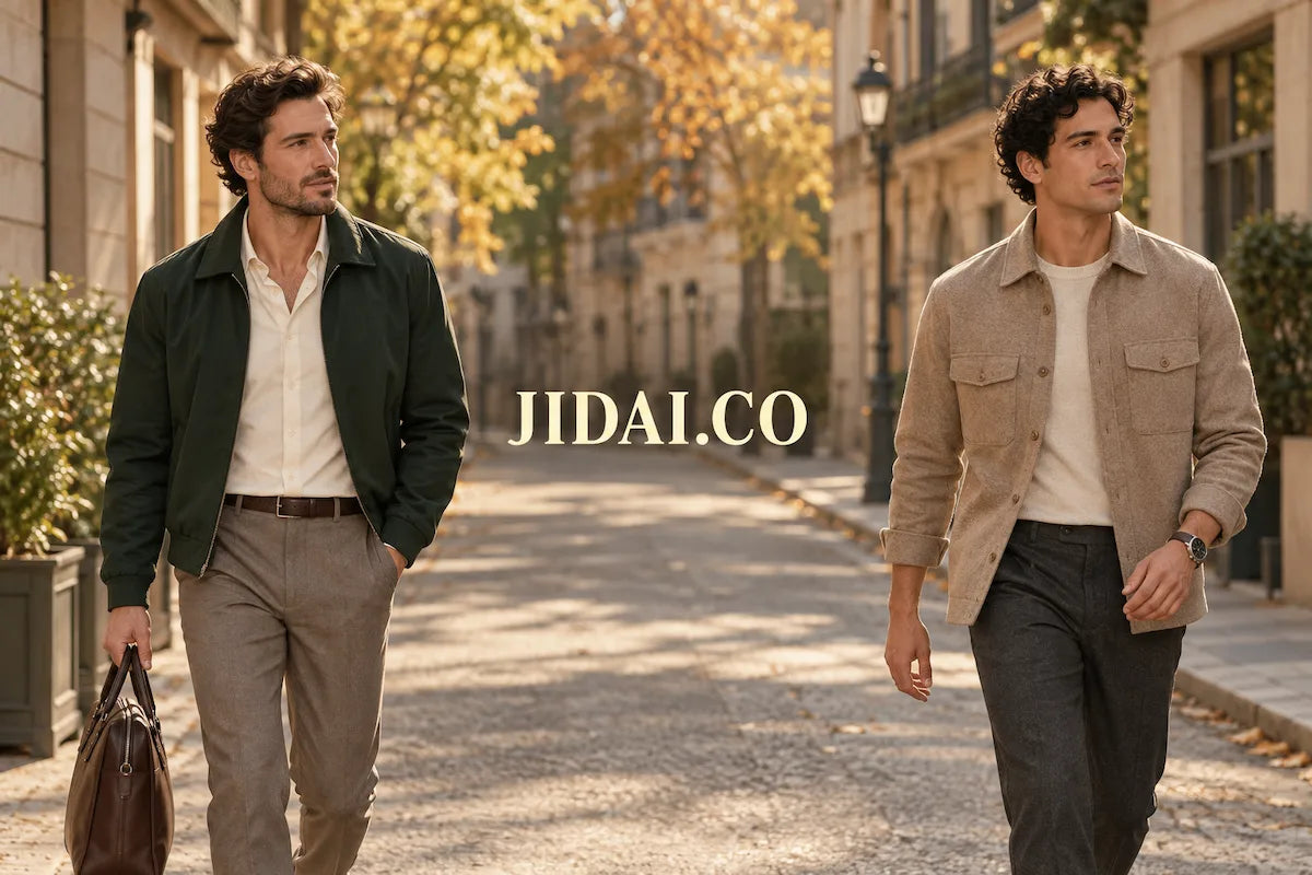 Two men in autumn casual outfits walking through a city street, with JIDAI.CO in creamy-yellow lettering centered over the image