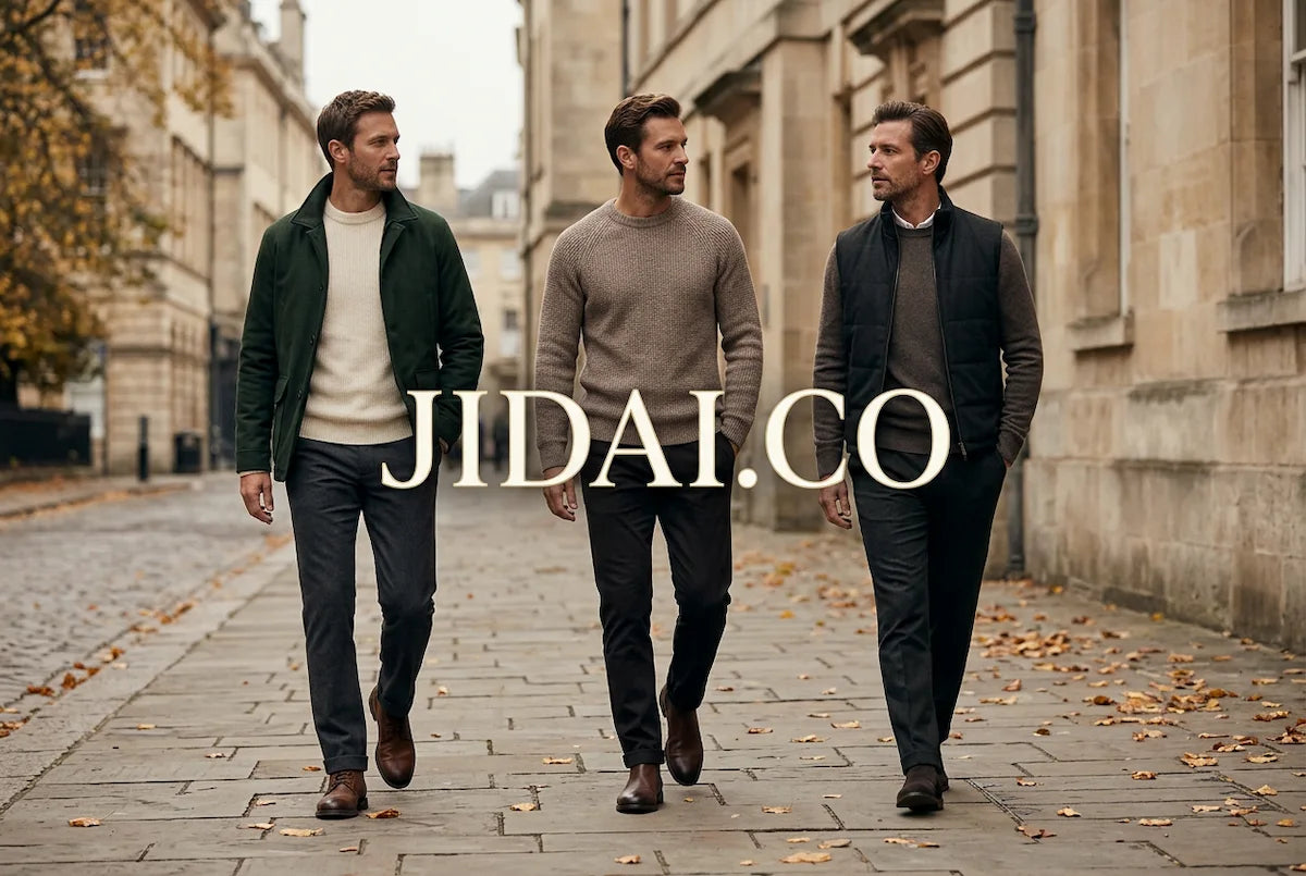 Three men in autumn knitwear, a green jacket and dark gilet walking along a leaf-strewn city street, with ivory JIDAI.CO lettering centred across the image