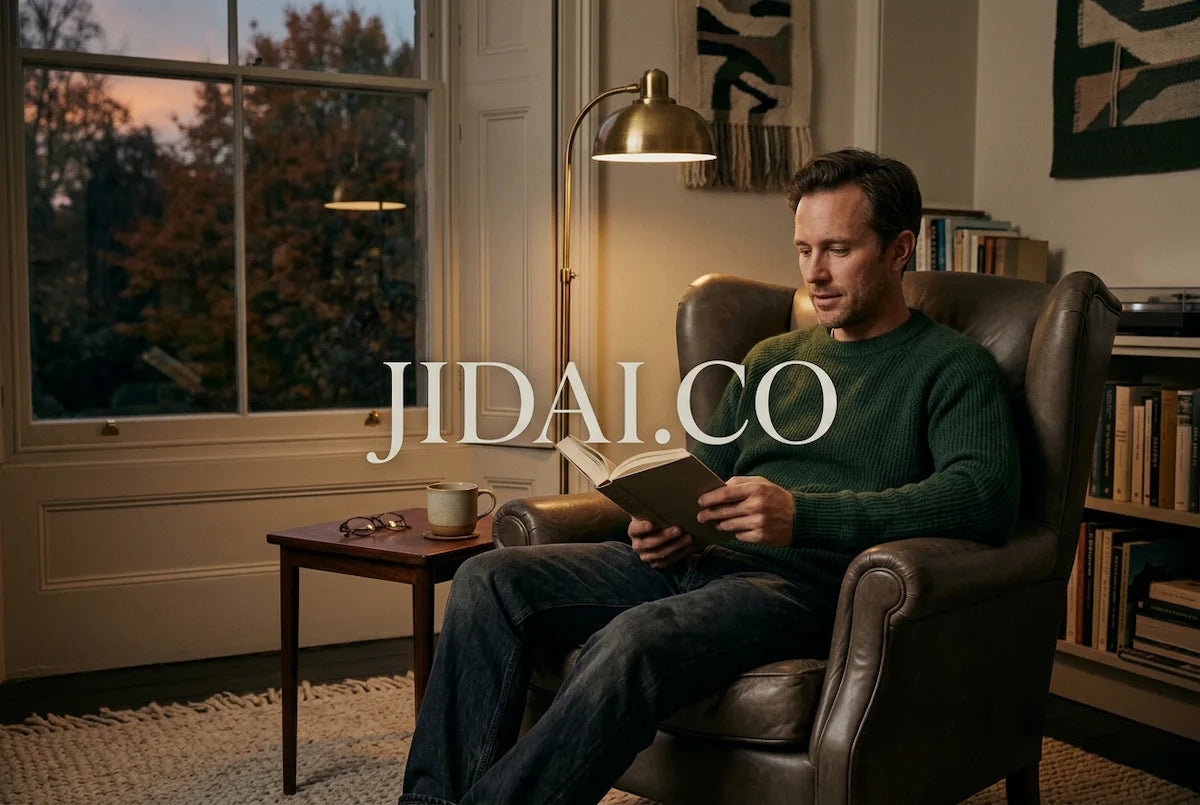 Man in a forest-green sweater reading in a leather armchair on an autumn evening, with creamy-silver JIDAI.CO lettering centred across the image