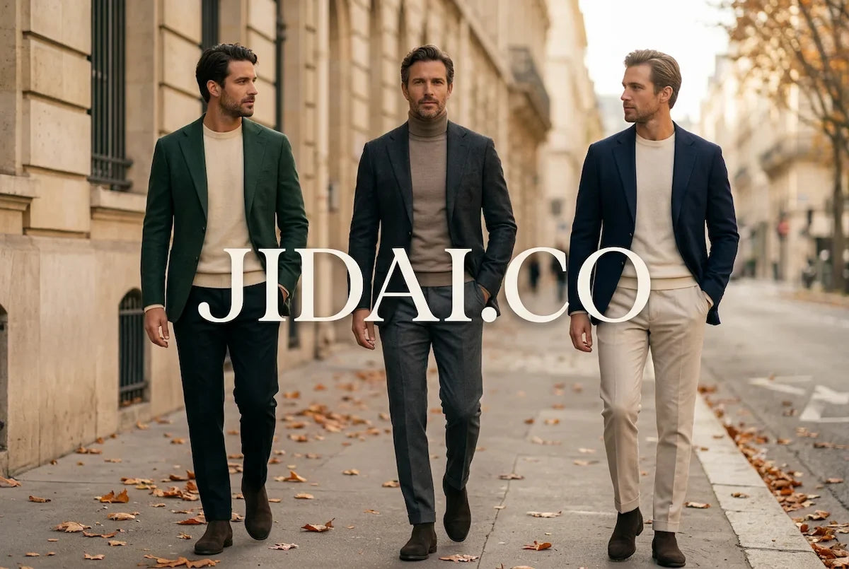 Three men wearing blazers over fine-knit sweaters with tailored trousers and boots on an autumn city street, with JIDAI.CO lettering centred across the image