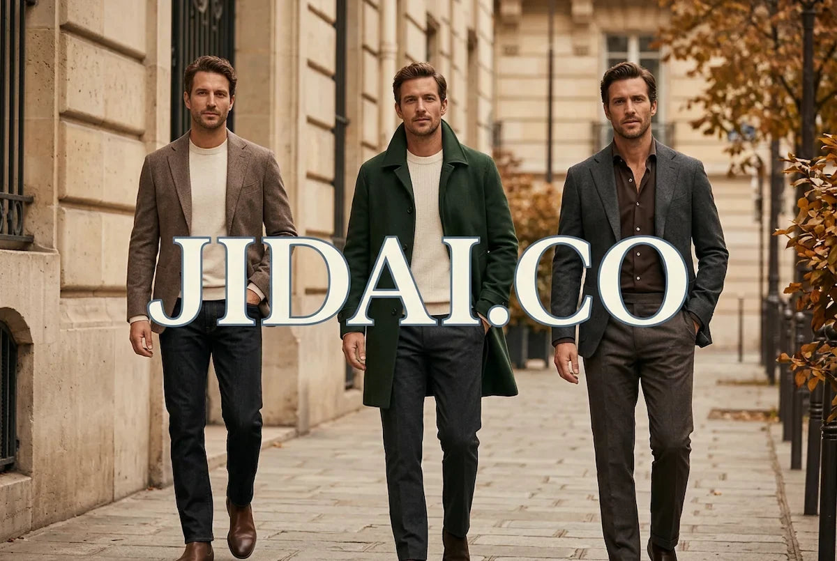 Three men in modern, vintage-inspired autumn outfits on a city street, with blue-outlined cream JIDAI.CO lettering centred across the image