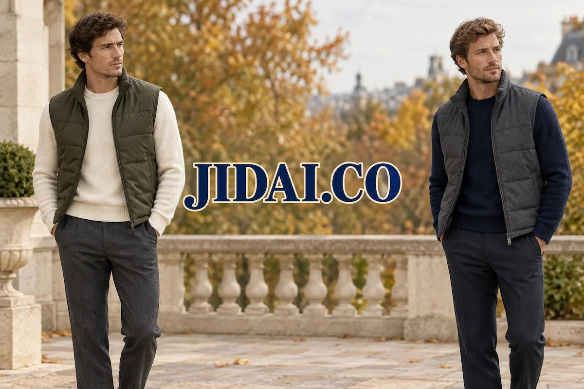 Two men wearing olive and charcoal gilets over cream and navy knitwear on an autumn terrace, with JIDAI.CO lettering centred between them