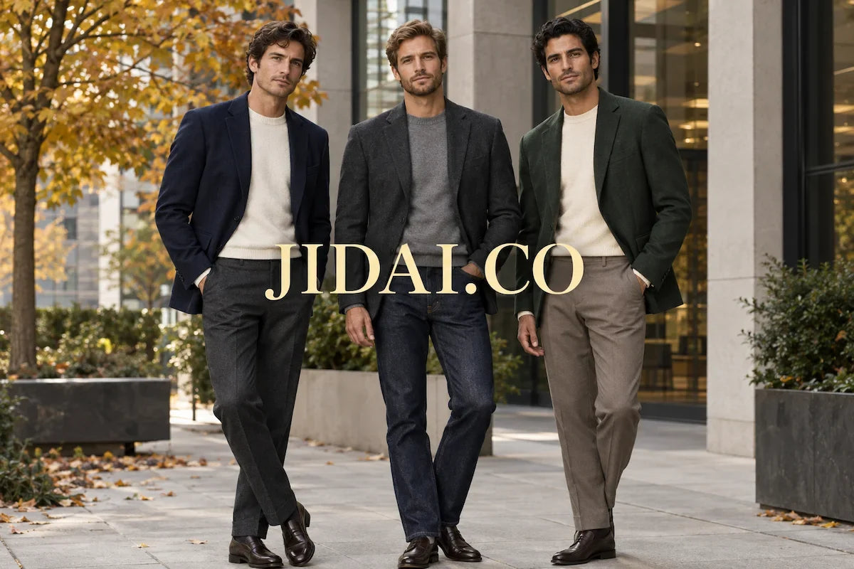 Three men wearing blazers over knitwear outside a modern office in autumn, with creamy-gold JIDAI.CO lettering centred across the image
