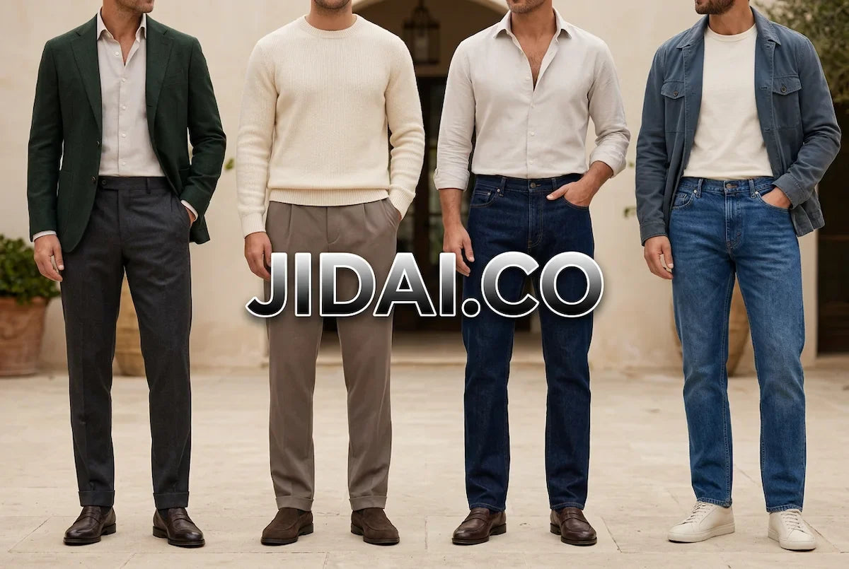 Four men wearing charcoal tailored trousers, taupe casual trousers, dark indigo jeans and blue jeans in a courtyard, with JIDAI.CO lettering centred across the image