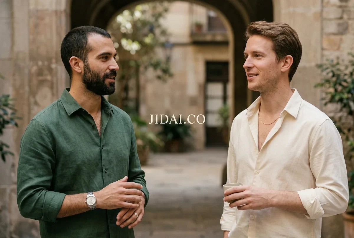 Two men in forest-green and cream shirts wearing a watch, rings and a fine chain in a stone courtyard, with creamy JIDAI.CO lettering centered
