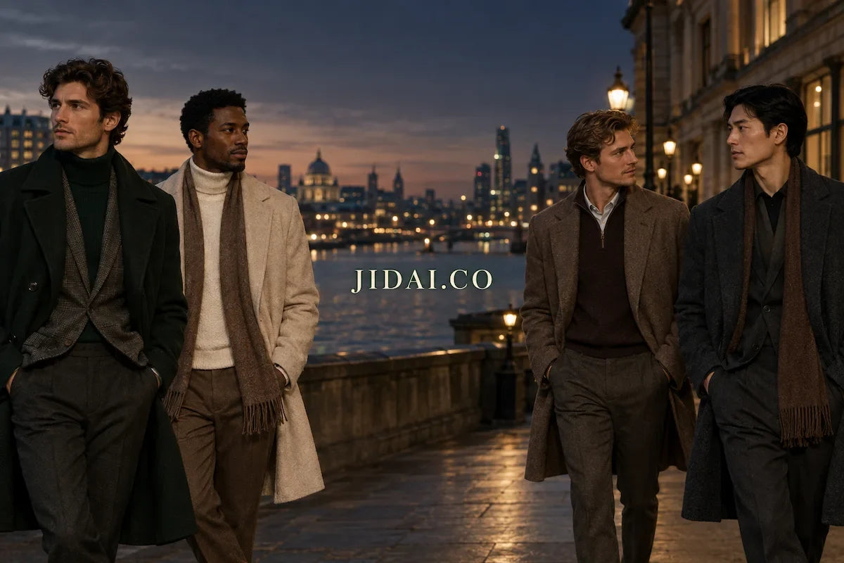 Four men in refined autumn evening outfits standing together in a city setting, with centered JIDAI.CO lettering in forest green and warm cream