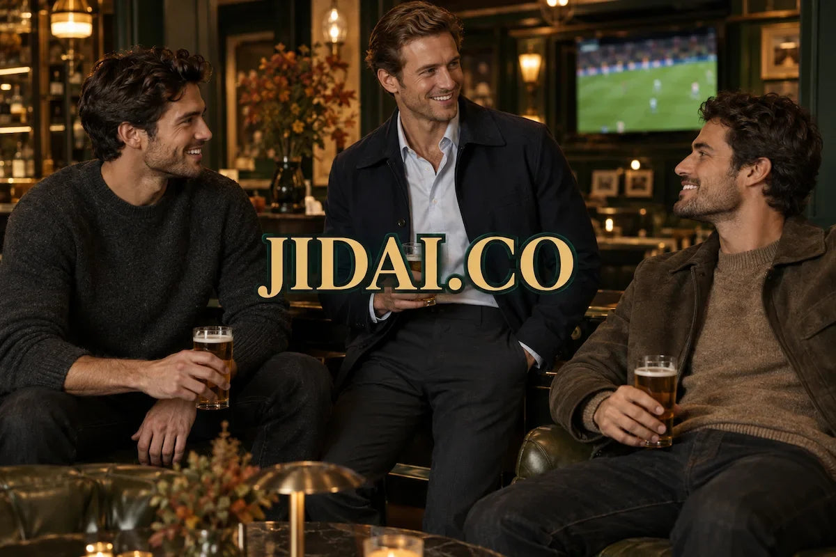 Three men in autumn knitwear and jackets enjoying drinks at a sports bar, with gold-and-green JIDAI.CO lettering centered