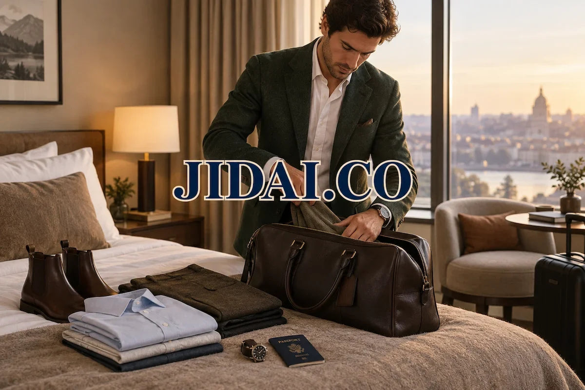 Man in a forest-green blazer packing a leather carry-on bag for an autumn business trip, with JIDAI.CO in the center
