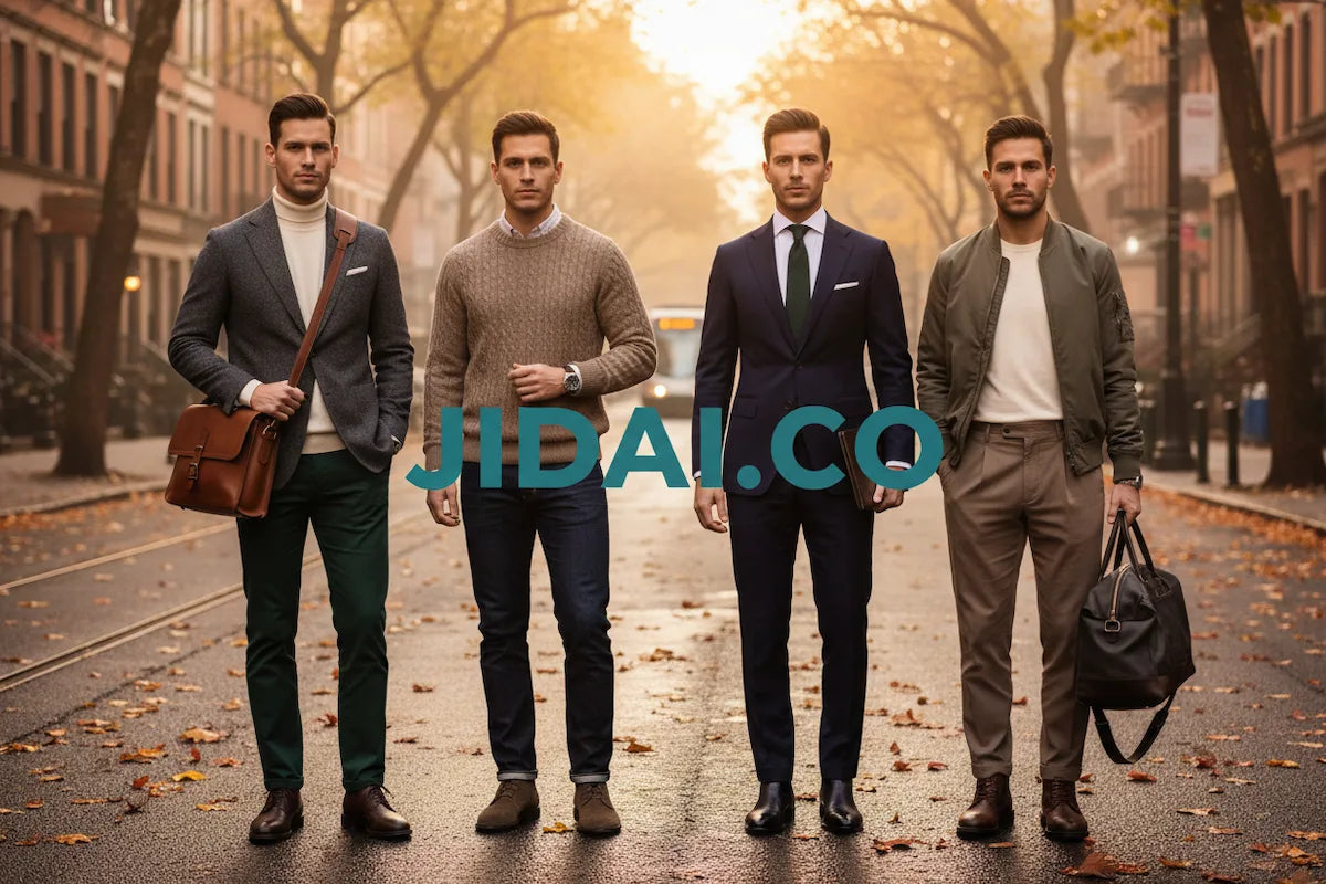Four men in JIDAI autumn outfits on a city street — sharp commuter blazer, elevated casual jeans, formal suit, and weekend jacket look, golden morning light, JIDAI.CO centered