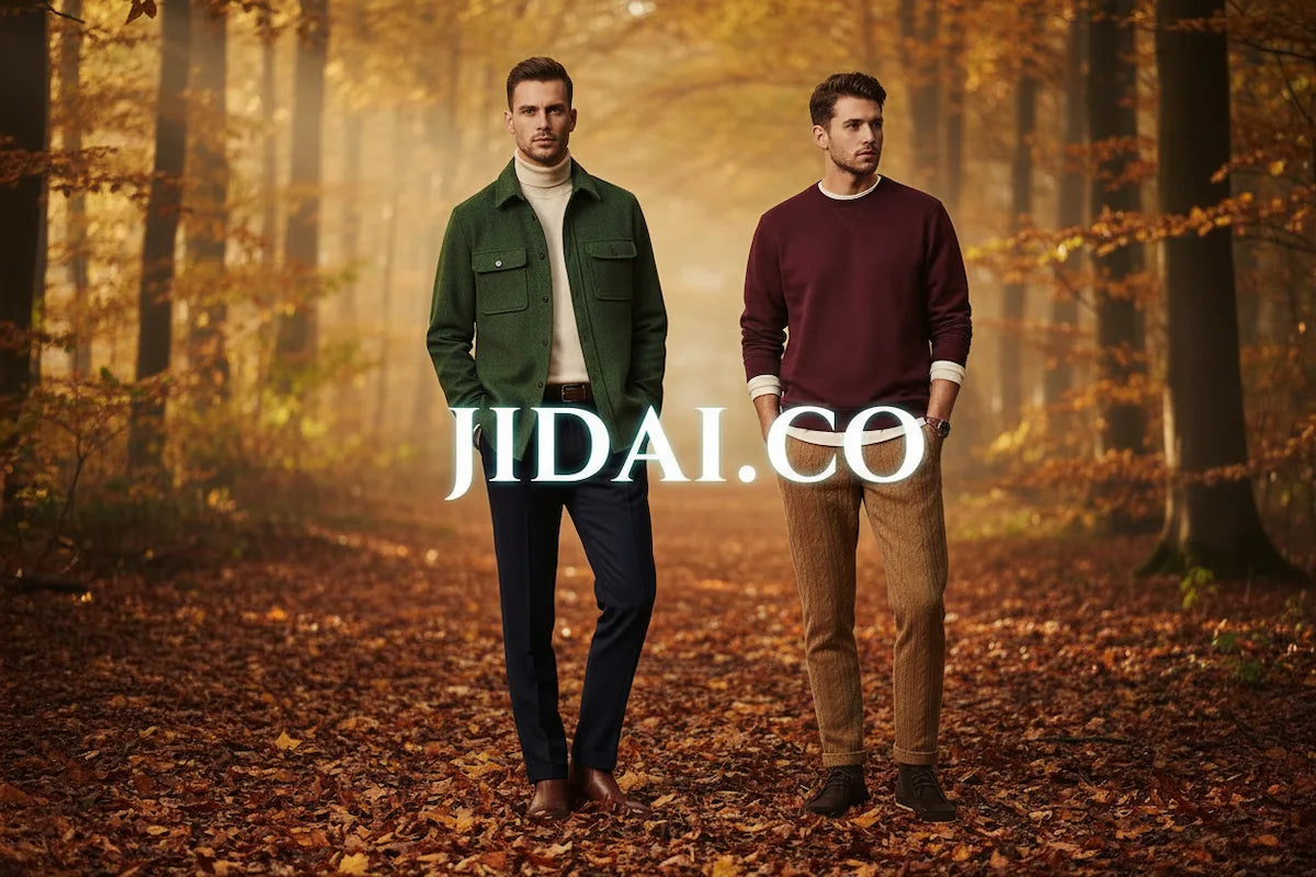 JIDAI Autumn Colour Edit — two male models in forest green, camel and burgundy against a golden autumn backdrop