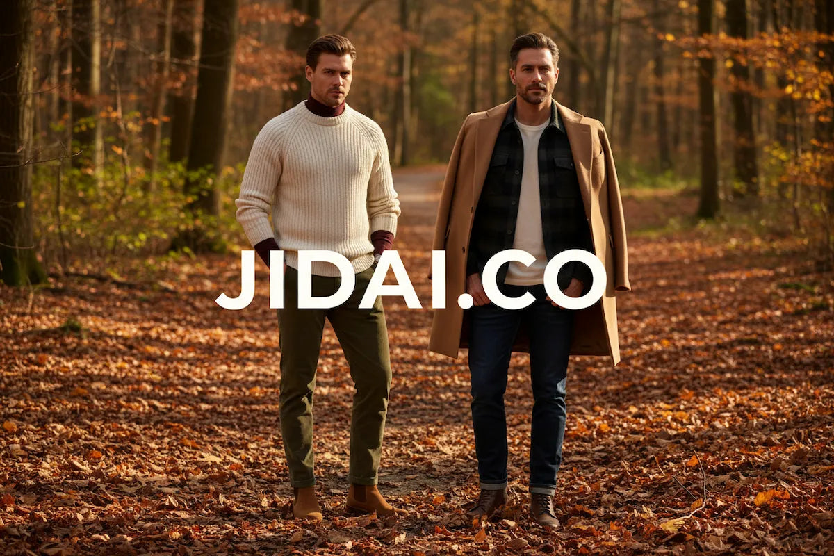 Two men in layered autumn outfits in a golden forest setting — JIDAI.CO texture edit editorial
