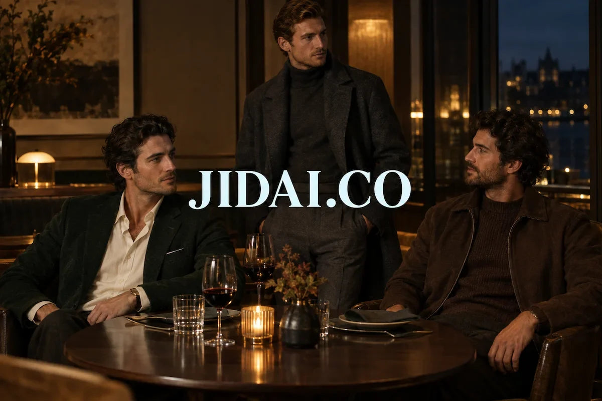 Three men in autumn evening outfits at a restaurant, with “JIDAI.CO” in creamy blue lettering centered over the image