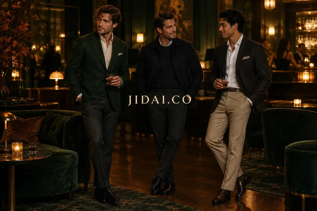 Three men in tailored autumn outfits at a warmly lit club, with JIDAI.CO in centered gold-cream lettering