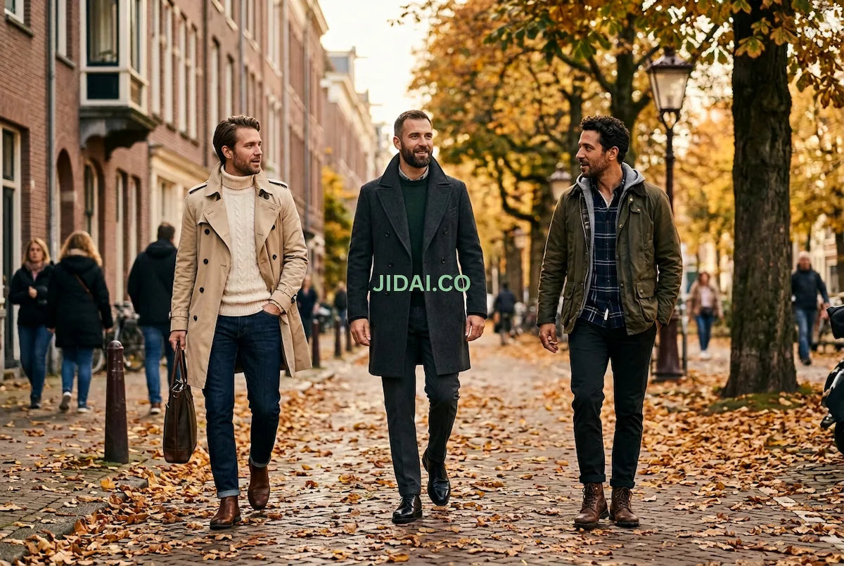 Three men in autumn coats, a beige trench, a charcoal overcoat, and an olive field jacket, walking a leaf-covered city street, with JIDAI.CO in light green lettering centered over the image