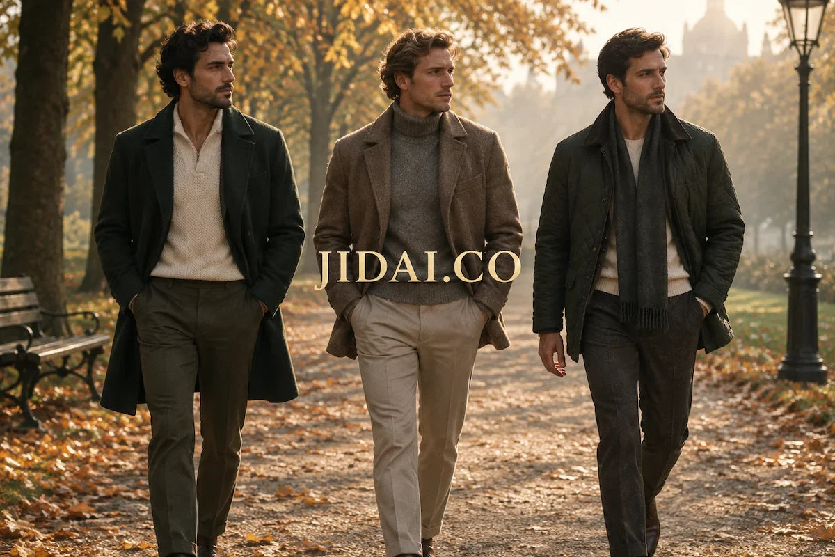 Three men in layered autumn outfits walking through a park, with JIDAI.CO in creamy gold lettering at the centre