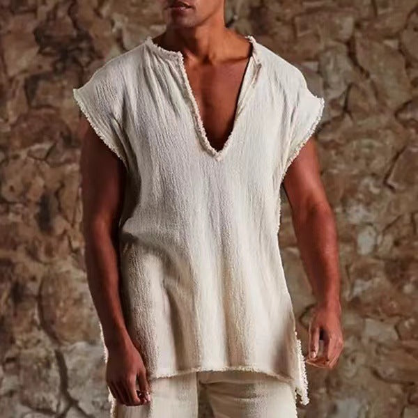 Plus-size Mens Retro Sleeveless Loose-fit T-shirt