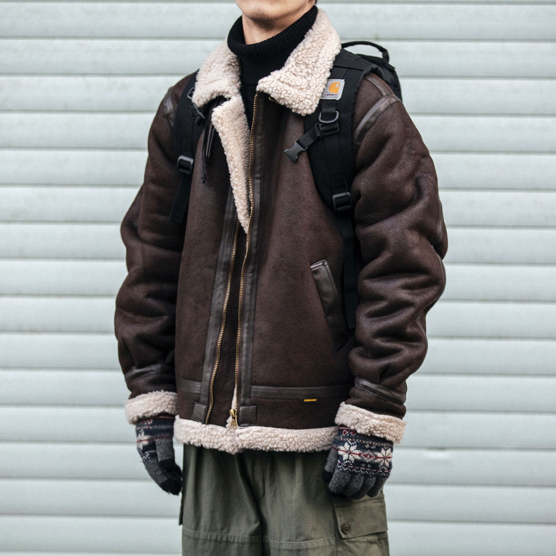 Men's Suede-Effect Biker Jacket – Fleece-Lined Padded Coat
