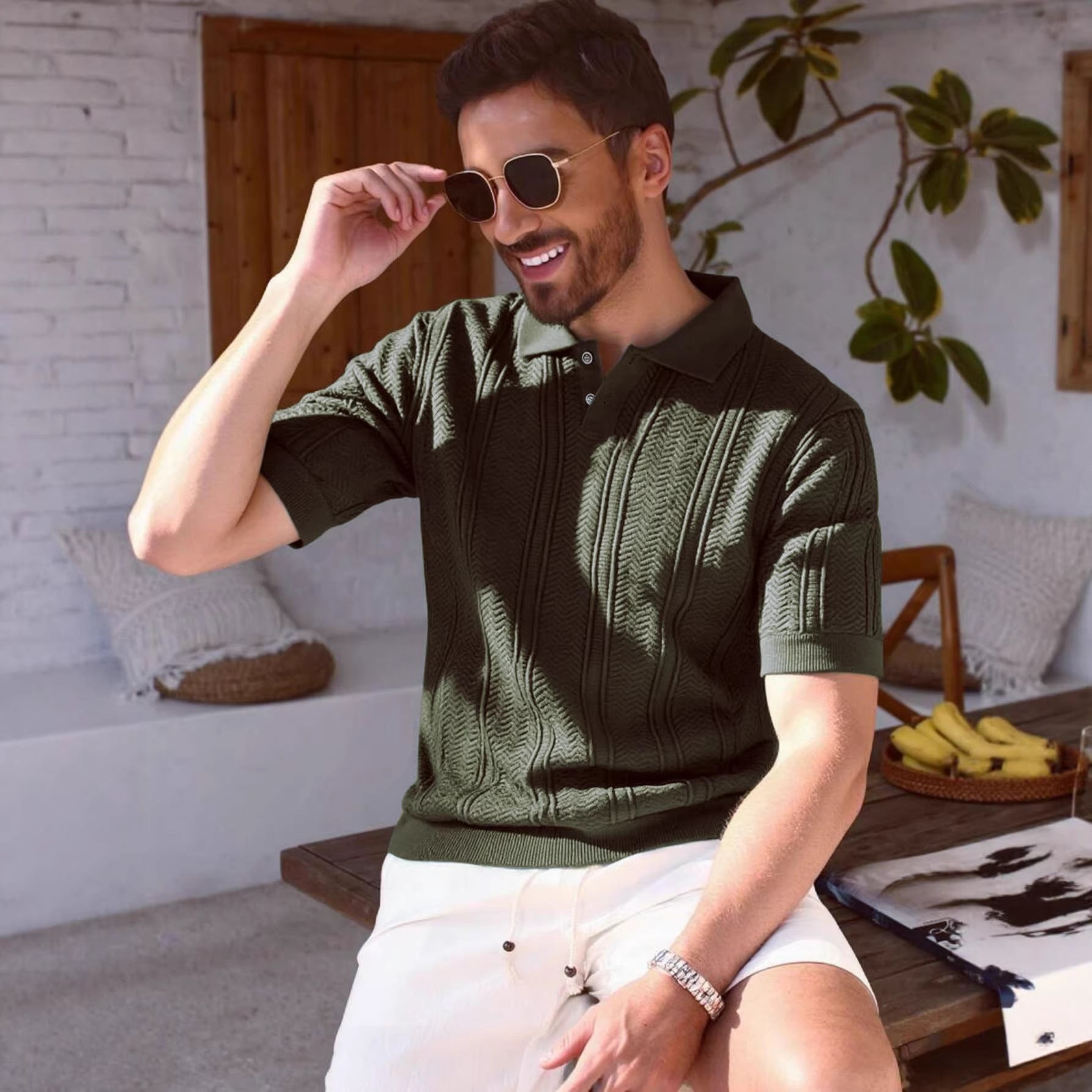 Textured Rib-Knit Polo Shirt