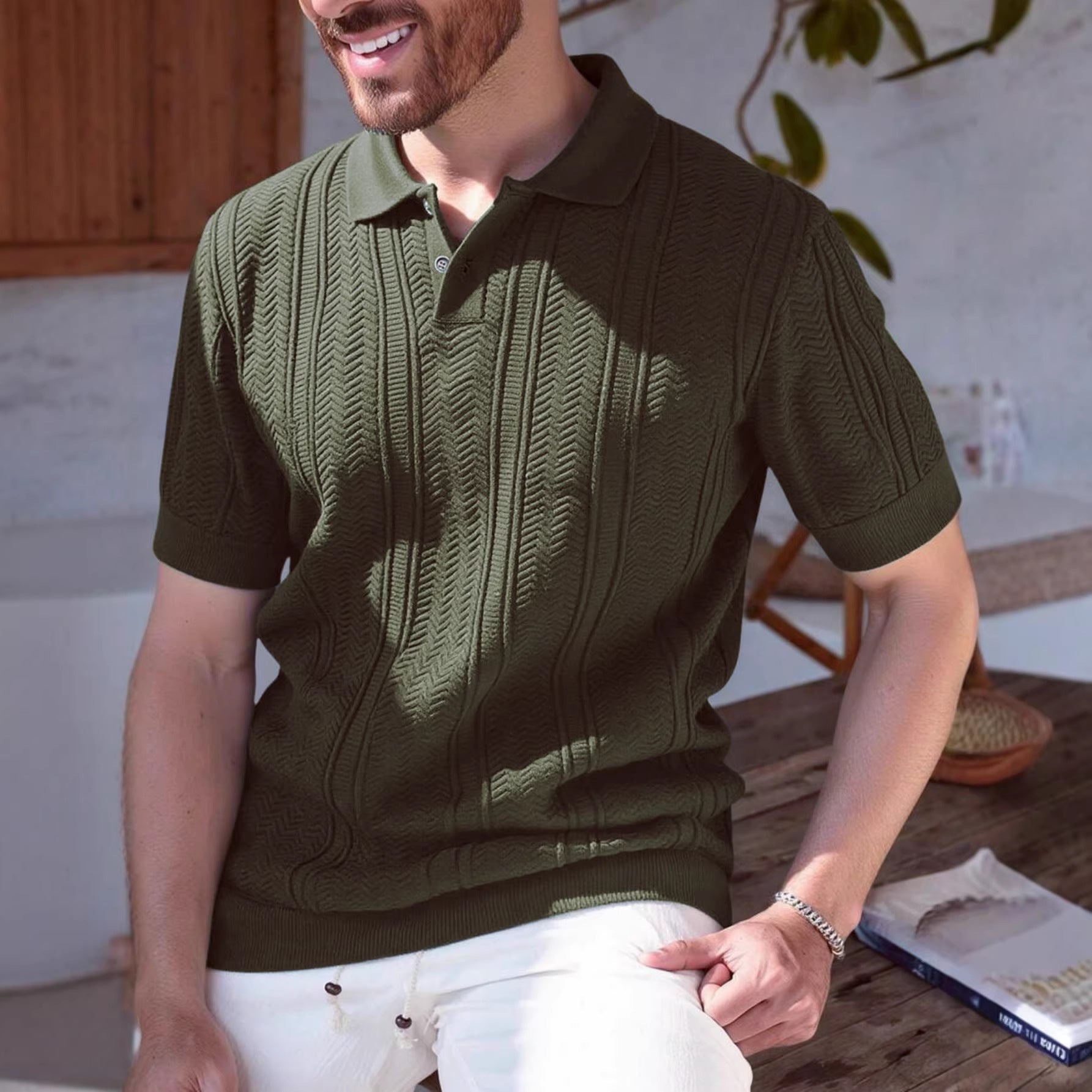 Textured Rib-Knit Polo Shirt