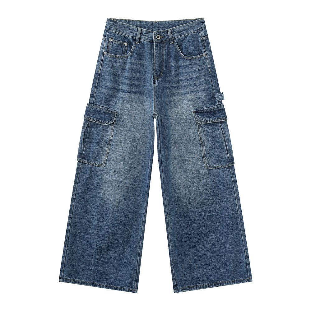 Bleached Wide-leg Multi-pocket Straight-leg Casual Pants