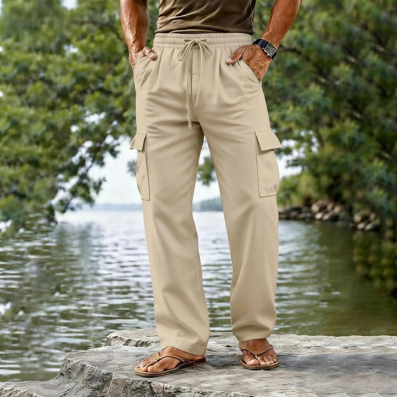 Drawstring Elastic Waist Straight-leg Solid-color Casual Mid-length Pants