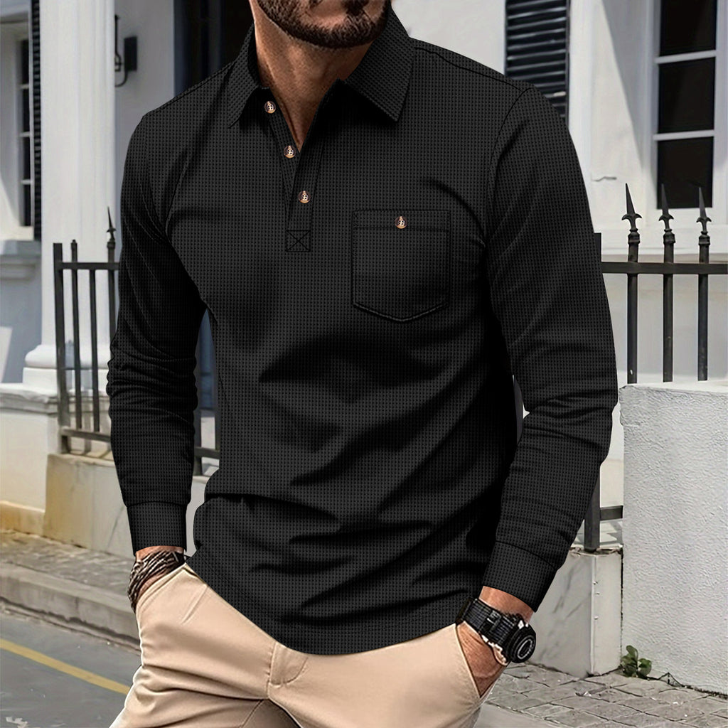 Solid-color Waffle-knit Lapel-pocket Button-down Casual Long-sleeve Shirt