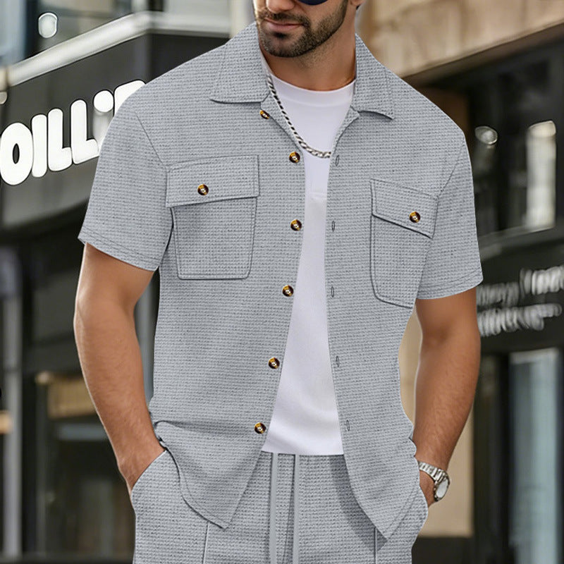 Men's Waffle-Weave Short-Sleeve Cardigan Jacket