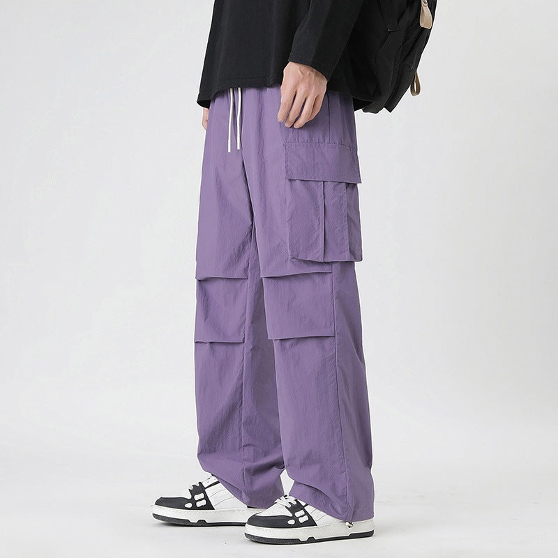 Ice Silk Trousers Multi-Pocket Loose Straight-Cut Casual Sports Pants