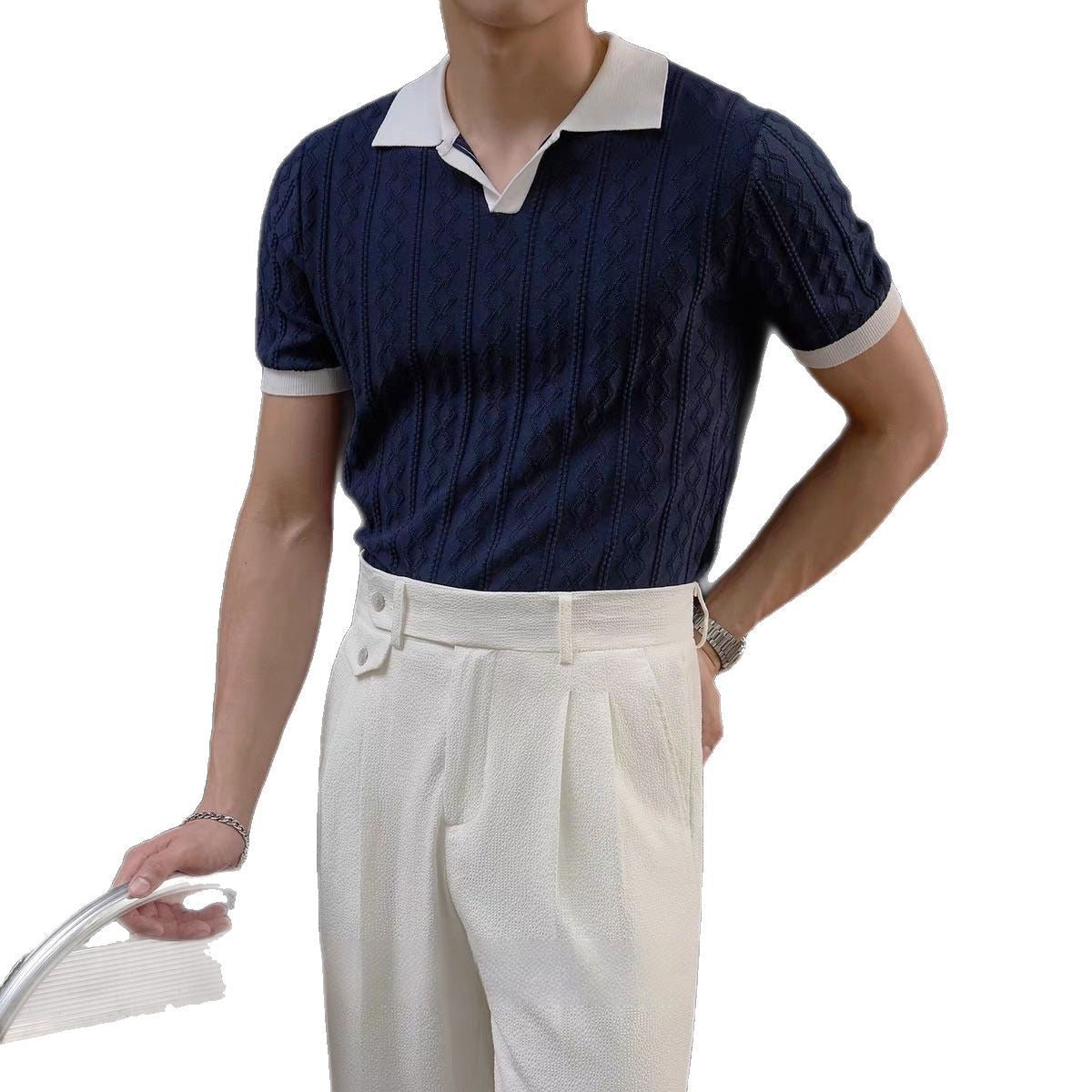 Short-Sleeve Knitted Shirt Color-Block Polo Shirt With Lapel Collar