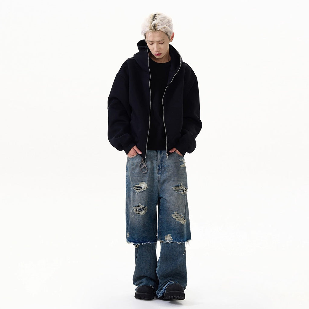 Solid-color Cardigan Hooded Sweatshirt