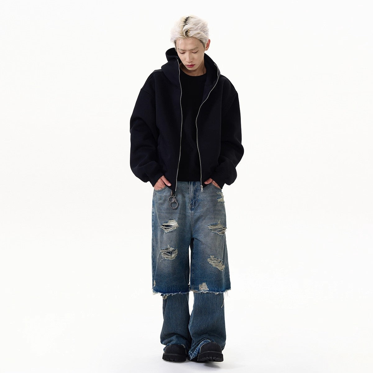 Solid-color Cardigan Hooded Sweatshirt