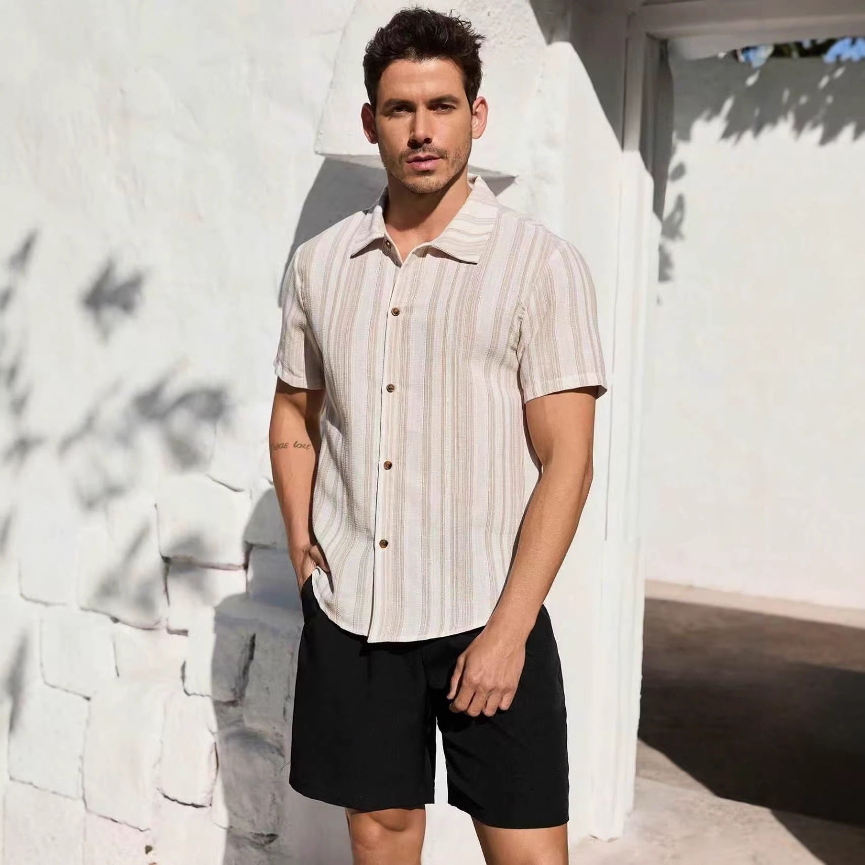 American-style Vintage Textured Striped Casual Short-sleeve Shirt