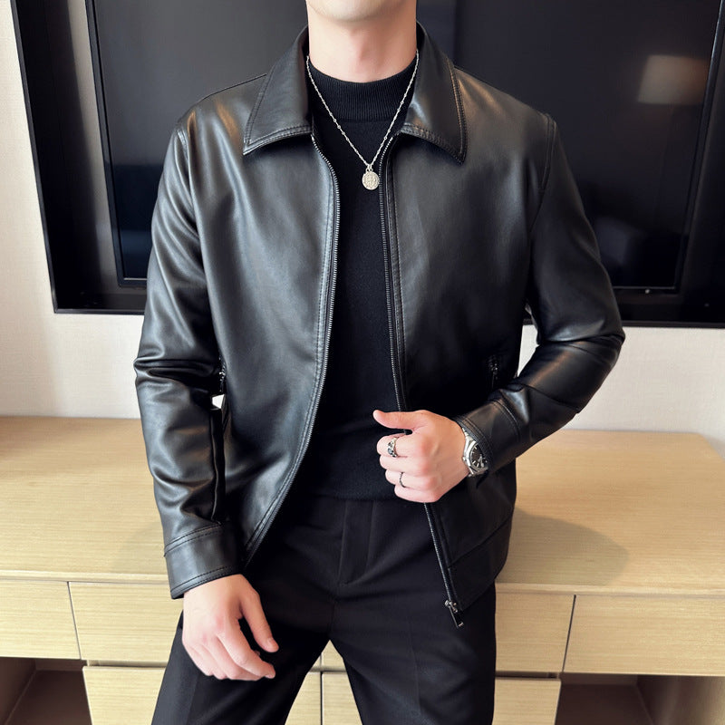Leather Jacket With Lapel Collar Light Business Style