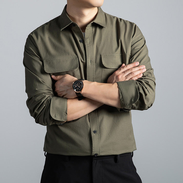 Men's Cotton Long-Sleeve Workwear Shirt – Japanese Vintage Style, Plus Size