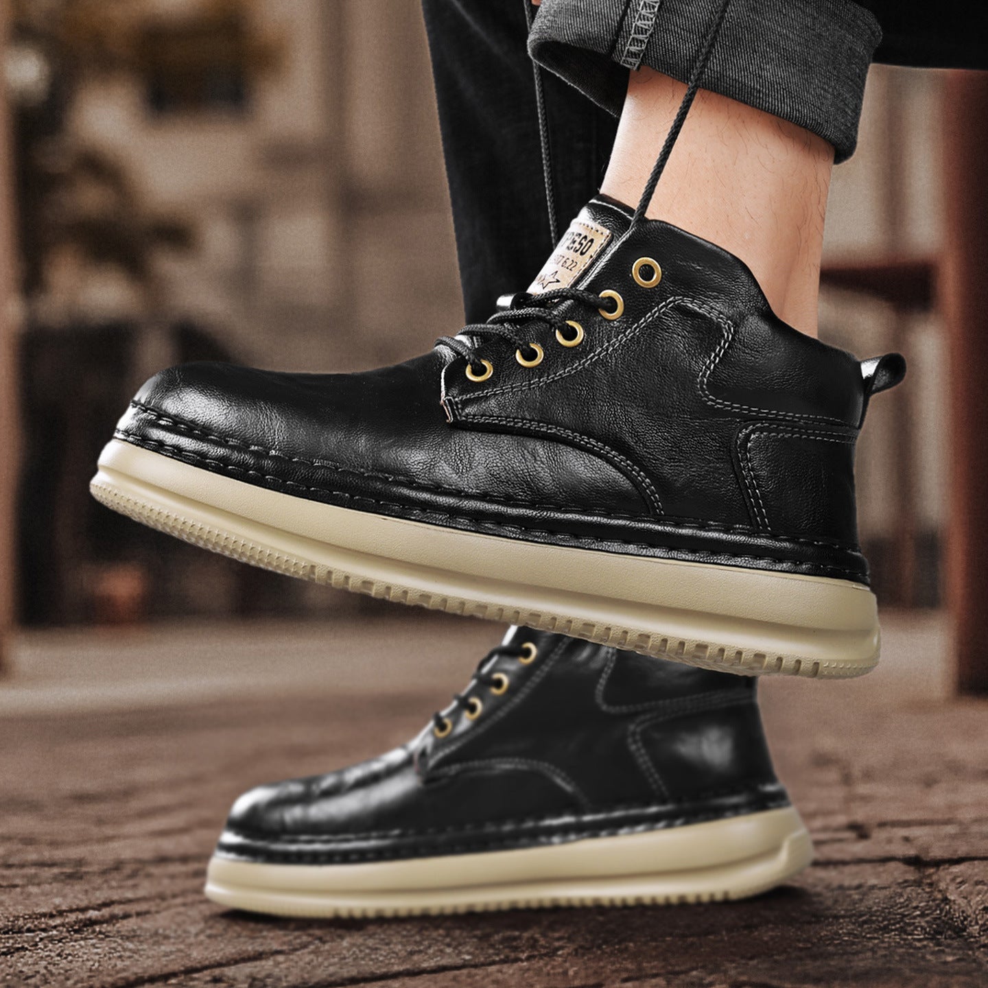 Retro Mid-Top Boots – Men's Chunky Heel Lace-Up