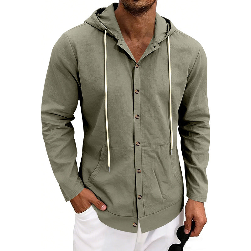Loose-fit Linen Casual Hooded Long-Sleeve Shirt