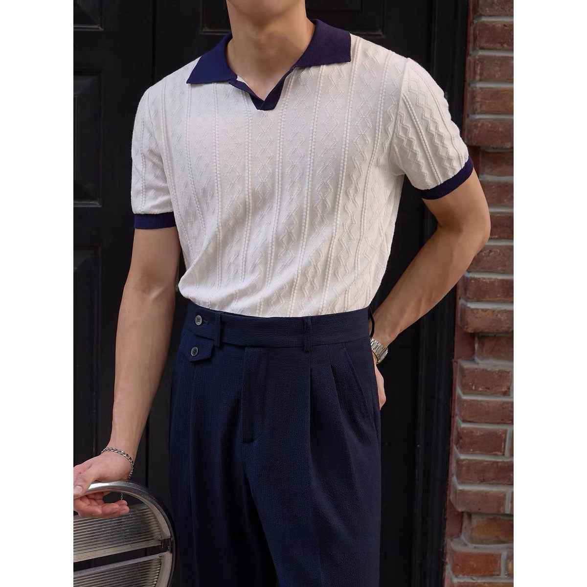 Short-Sleeve Knitted Shirt Color-Block Polo Shirt With Lapel Collar