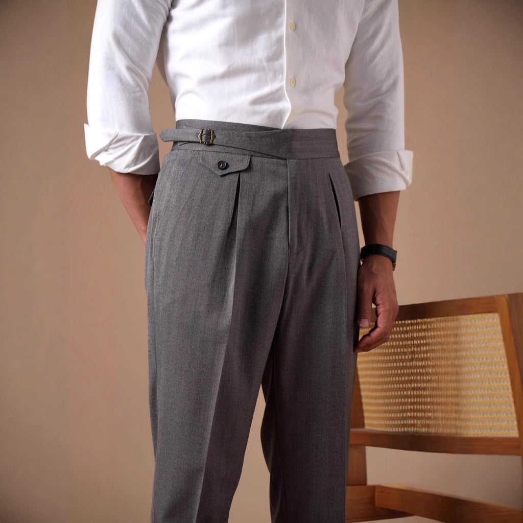 Herringbone High-Waist Single-Pleat Trousers