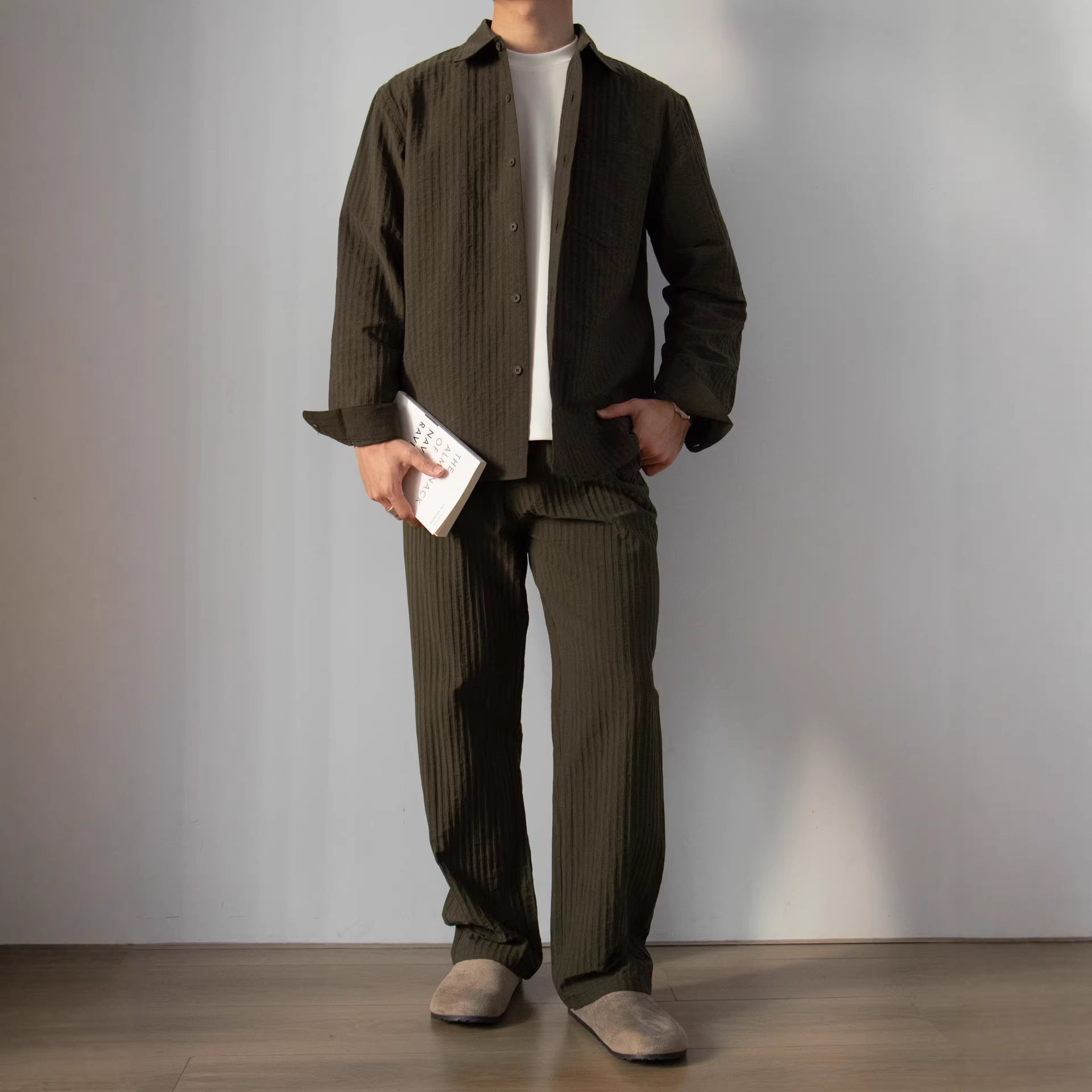 Japanese-style Wood-grain Textured Shirt Set