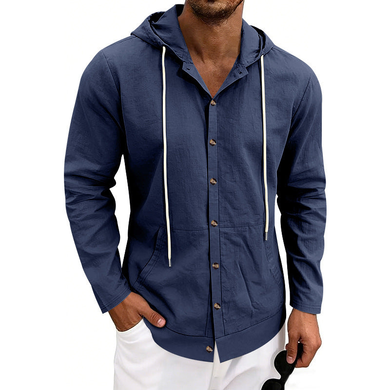Loose-fit Linen Casual Hooded Long-Sleeve Shirt
