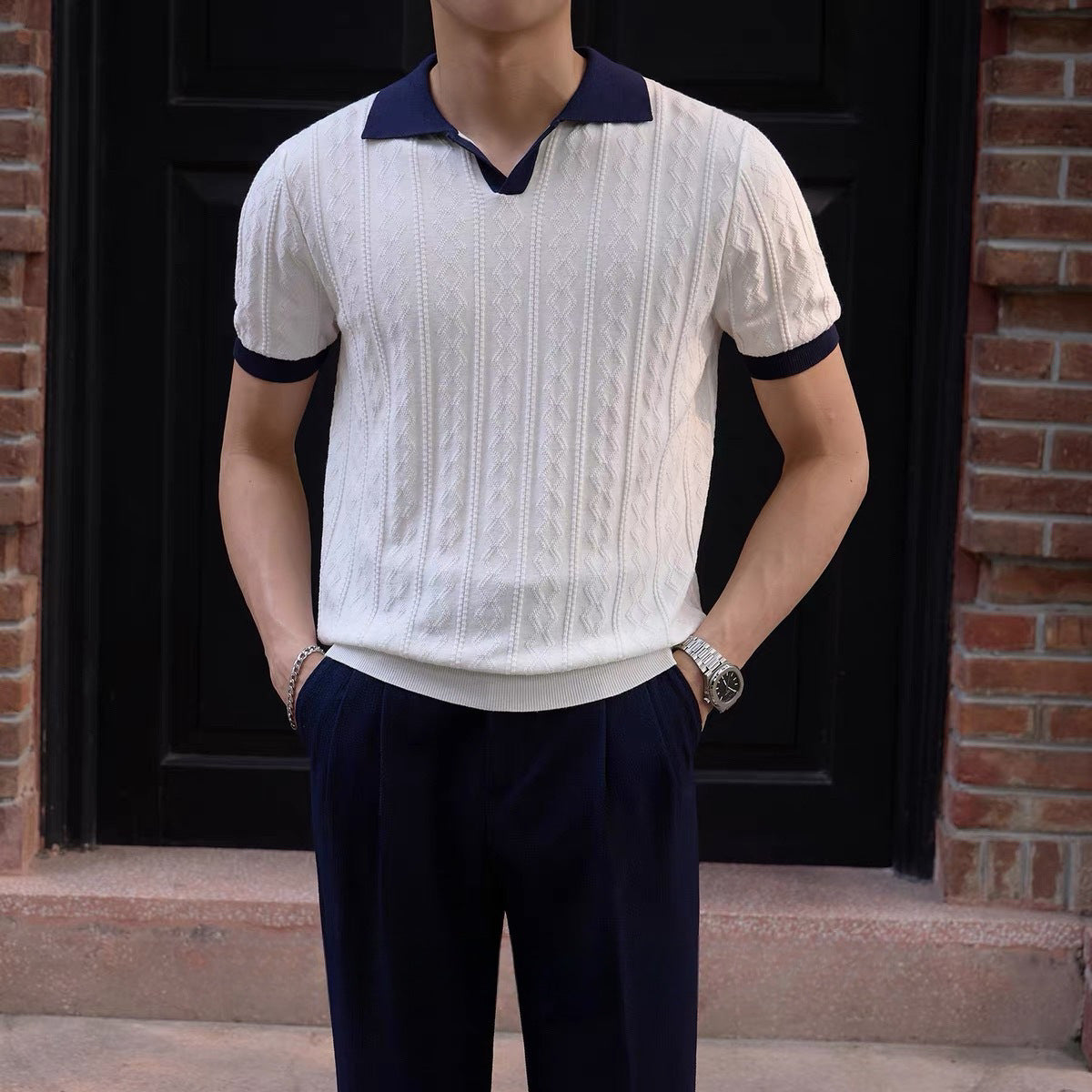 Short-Sleeve Knitted Shirt Color-Block Polo Shirt With Lapel Collar
