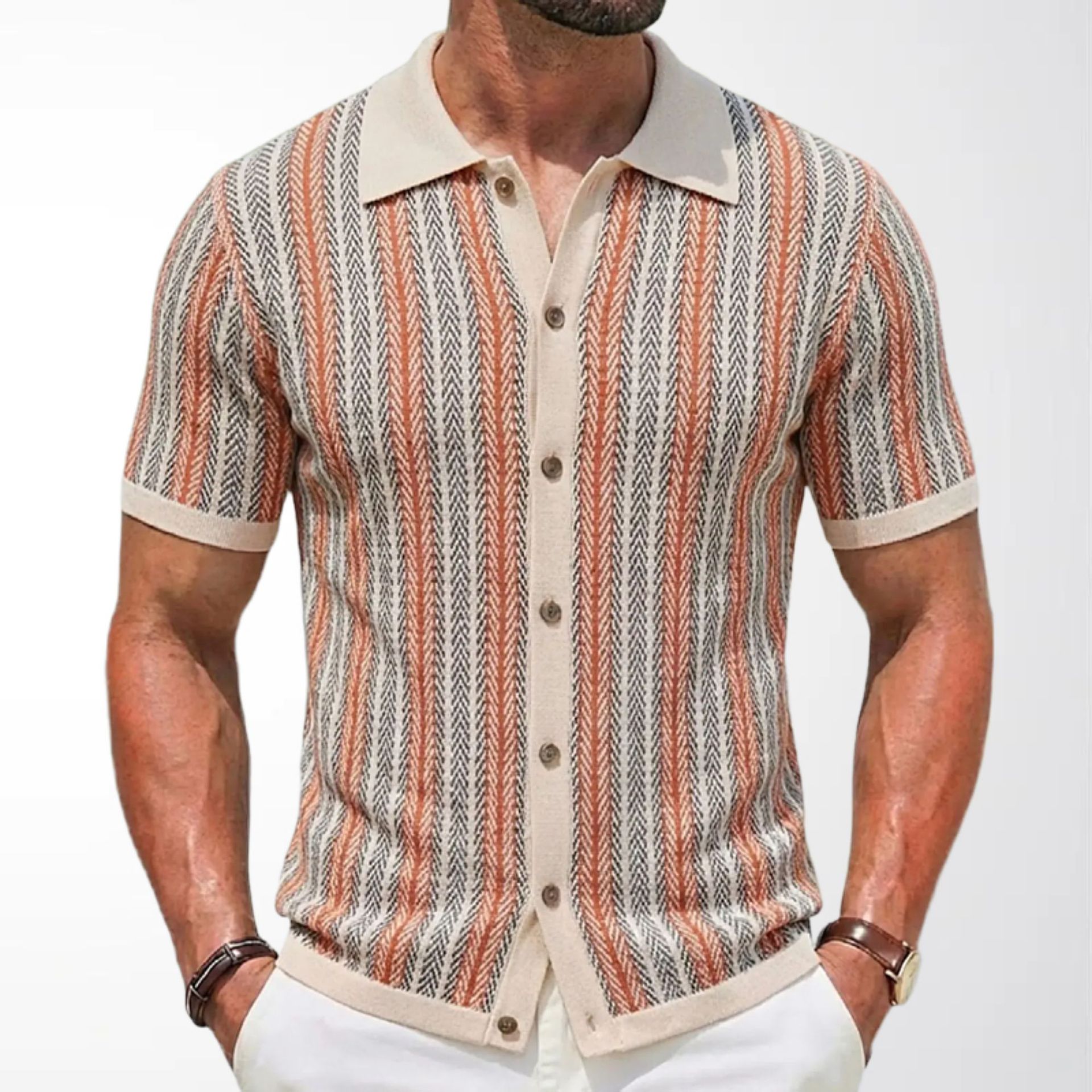 Short-Sleeve Striped Knitted Cardigan Jacquard Polo Shirt