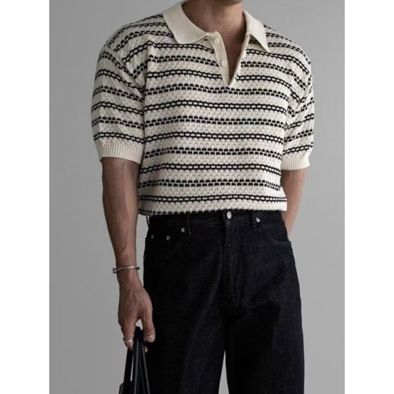 Striped Short-Sleeve Knitted Casual Shirt