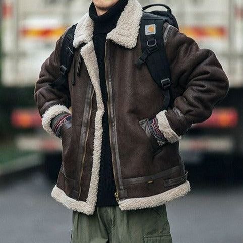 Men's Suede-Effect Biker Jacket – Fleece-Lined Padded Coat