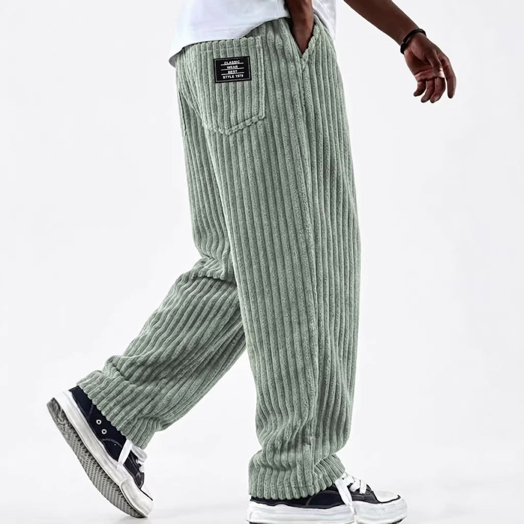 Men's Corduroy Straight-Leg Trousers – Elastic Waist, Drawstring, 11 Colours