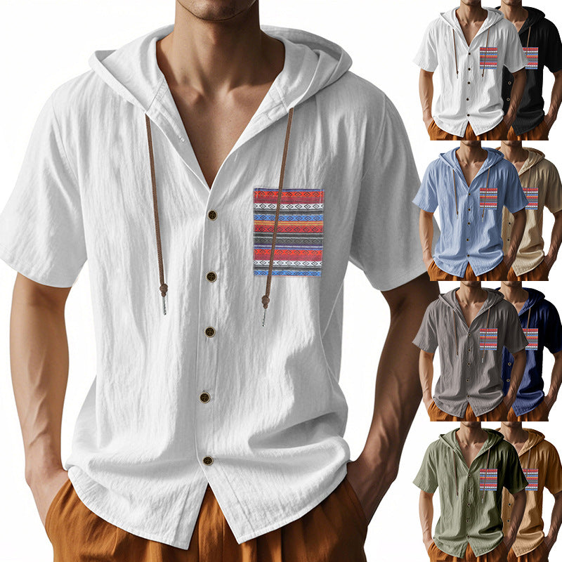 Linen Short-sleeve Lightweight Loose-fitting Hooded T-shirt