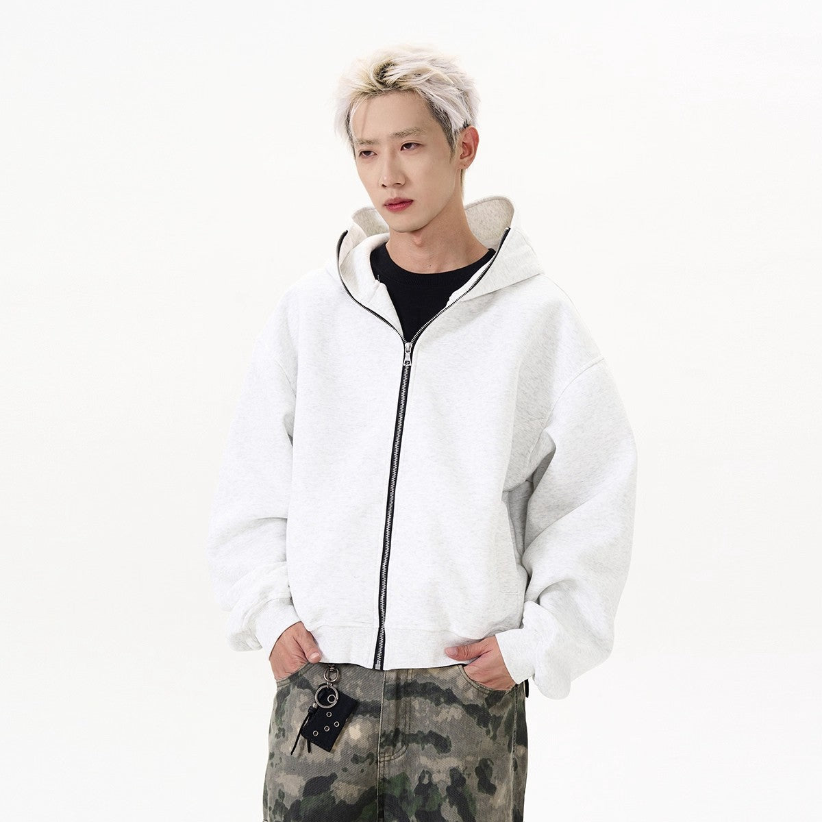 Solid-color Cardigan Hooded Sweatshirt