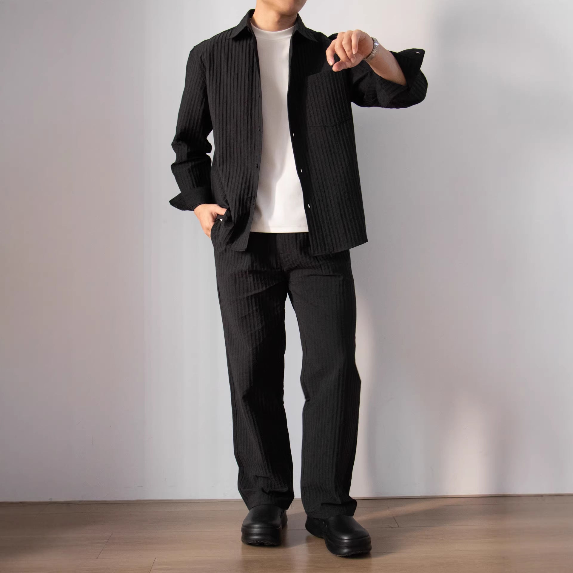 Japanese-style Wood-grain Textured Shirt Set